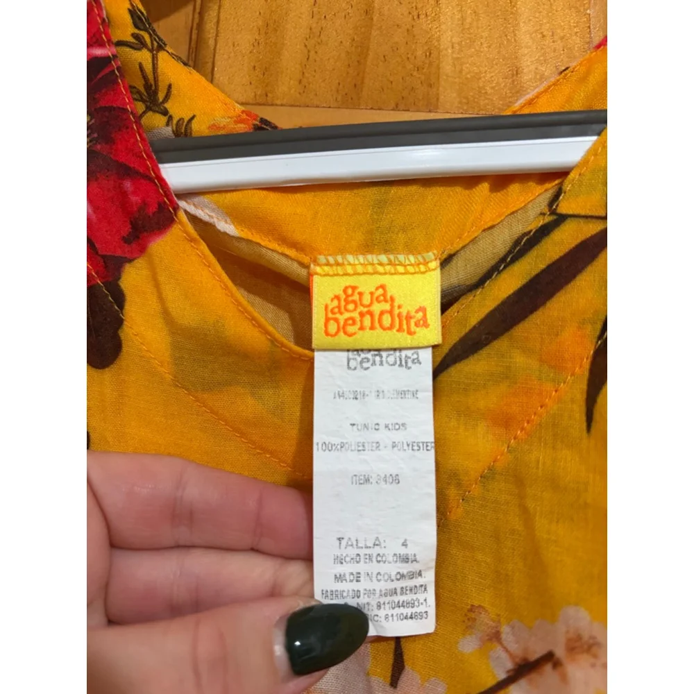 Agua Bendita Kids Floral Tunic Top Yellow Fringe Trim Size 4 (Missing Tie)